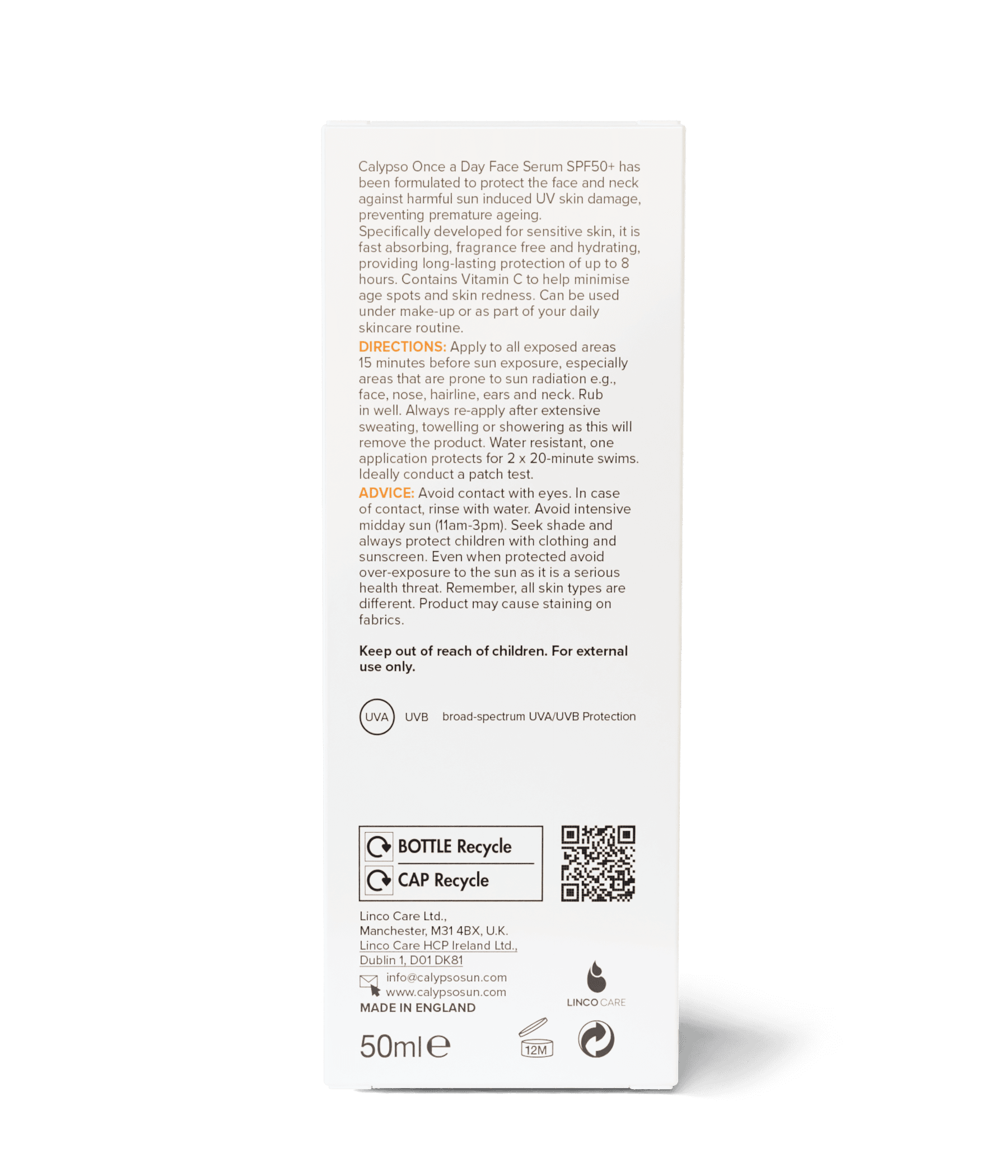 Calypso Once a Day Serum SPF50+ with vitamin c, box back
