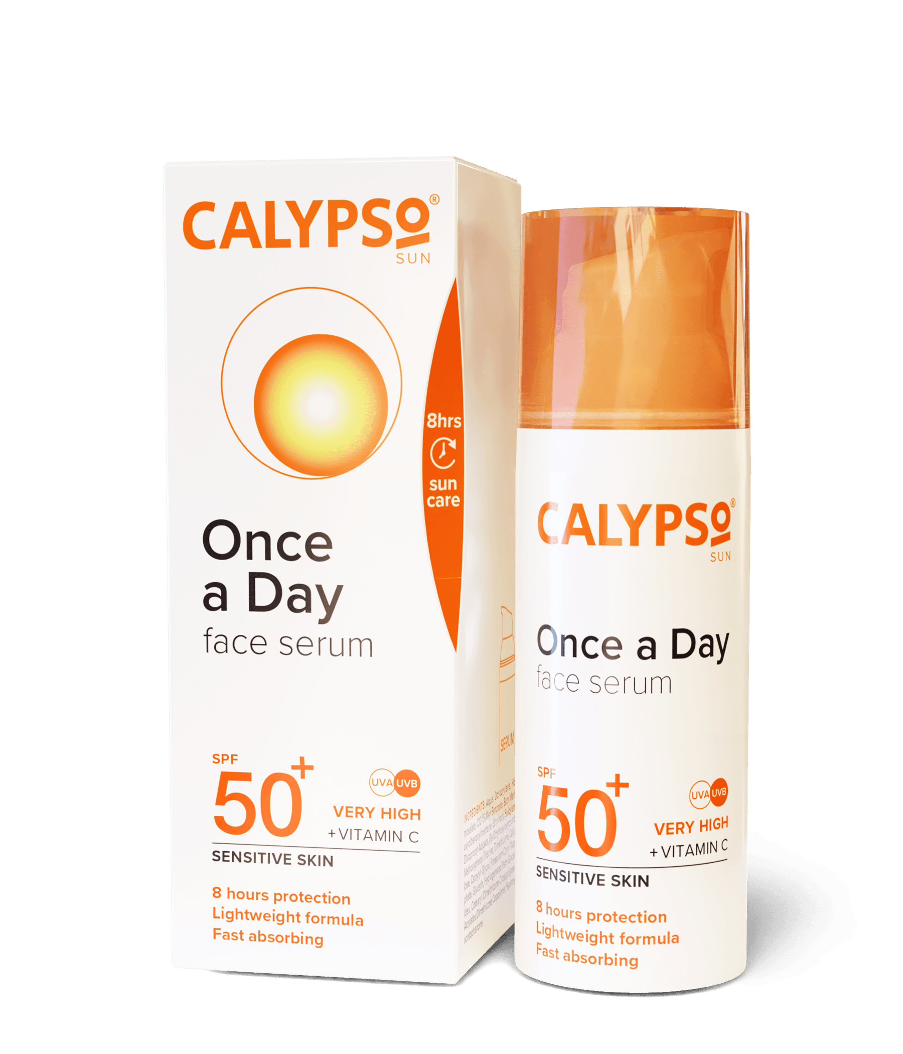 Calypso Once a Day Serum SPF50+ with vitamin c, box and bottle