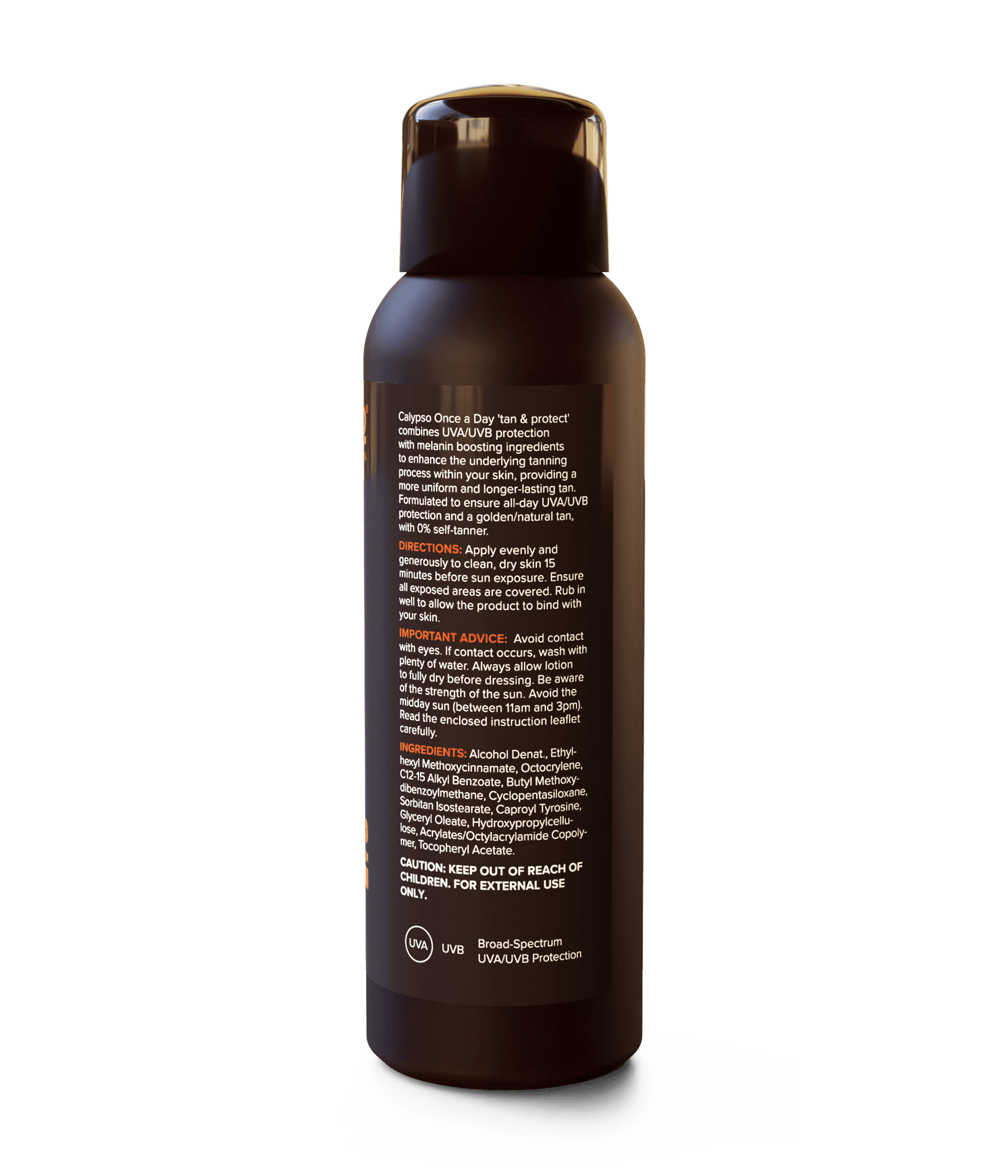 Calypso Once a Day Tan and Protect with Tan Extender SPF 15 bottle back