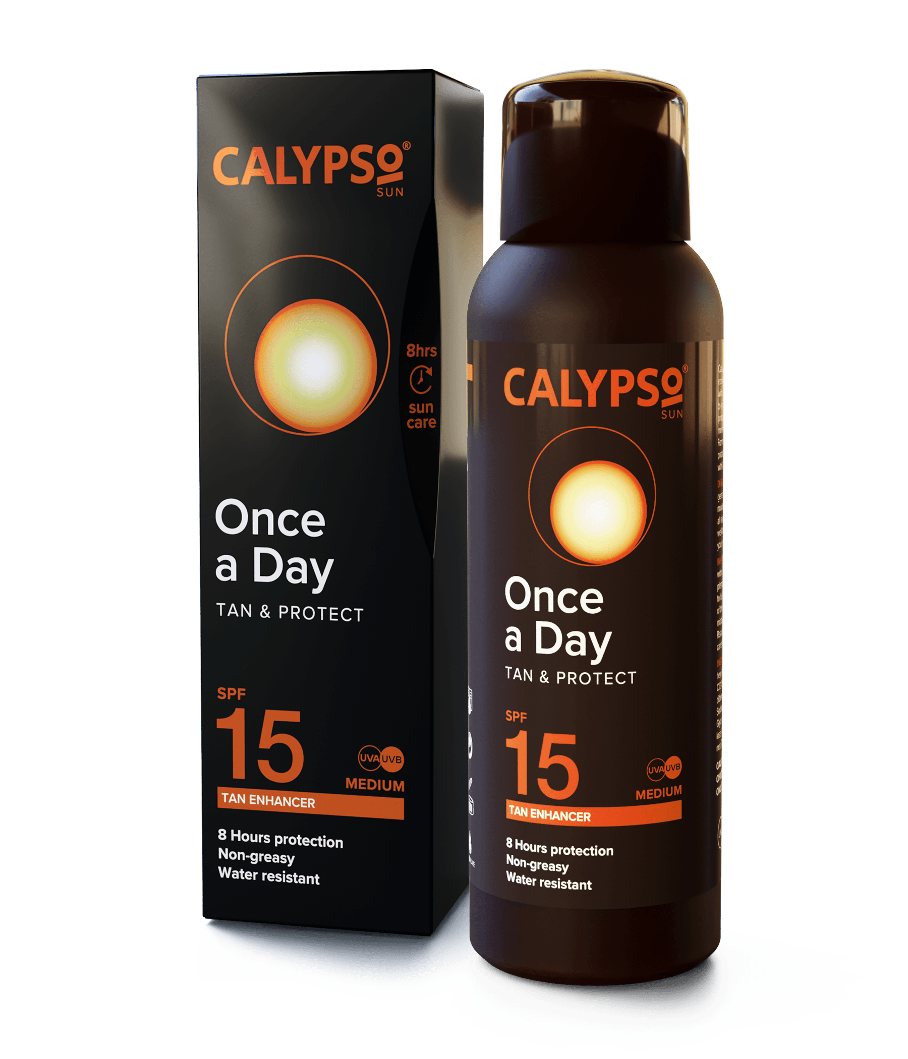 Calypso Once a Day Tan and Protect with Tan Extender SPF 15 box and bottle